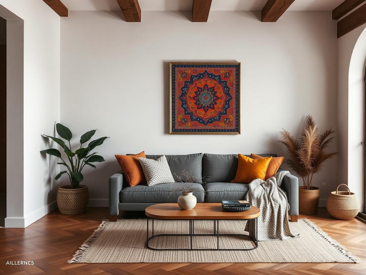Tableau ethnique coloré posé sur un mur beige dans un intérieur boho