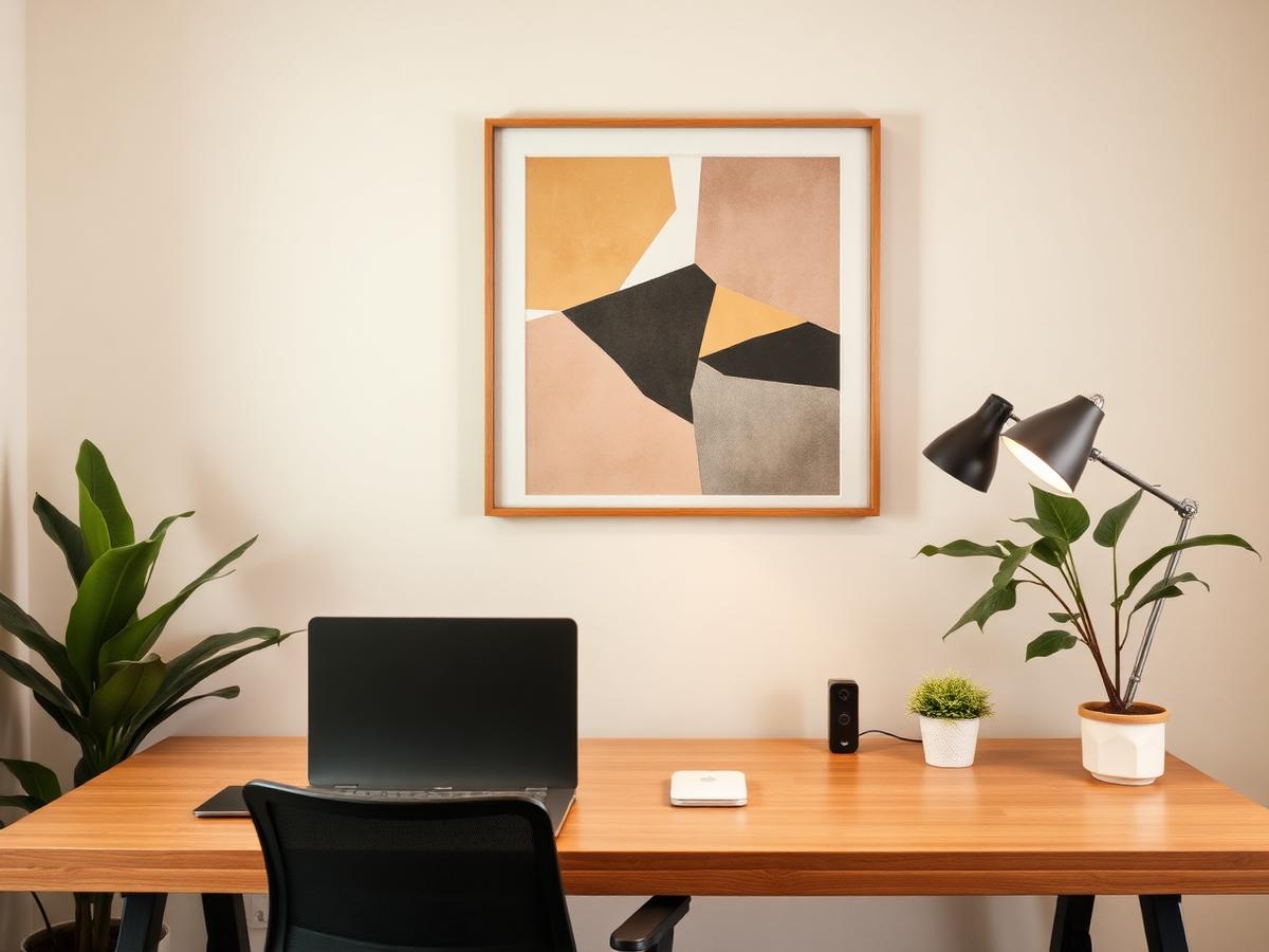 Bureau en télétravail décoré d'un tableau contemporain apaisant