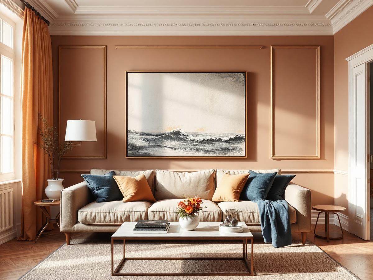 Grand tableau contemporain accroché au-dessus d'un canapé dans un salon lumineux