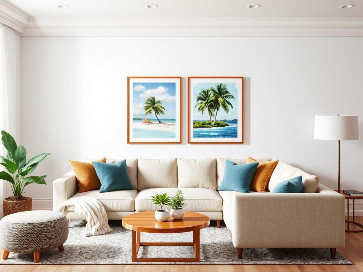 Tableau tropical évoquant une plage de rêve dans un salon lumineux