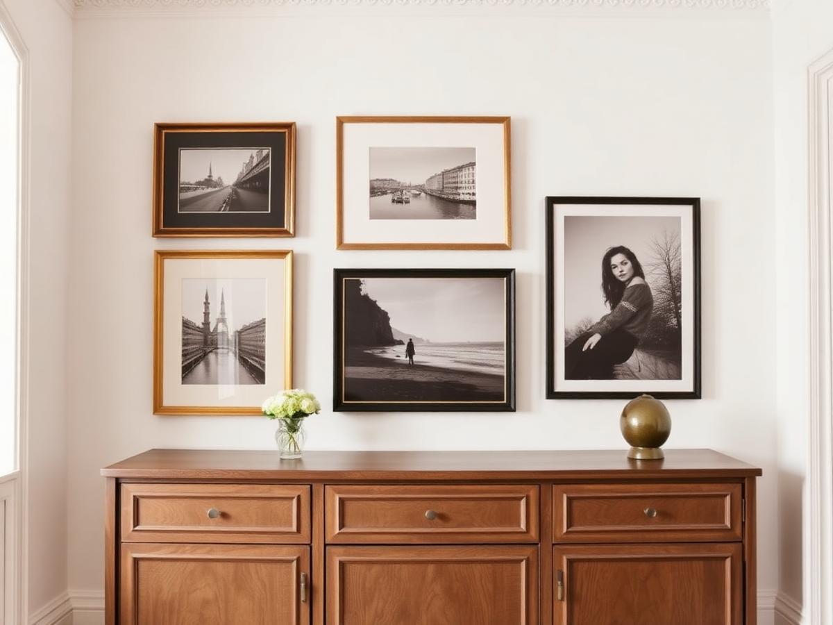 Mur de cadres composé de plusieurs tableaux au-dessus d'un canapé