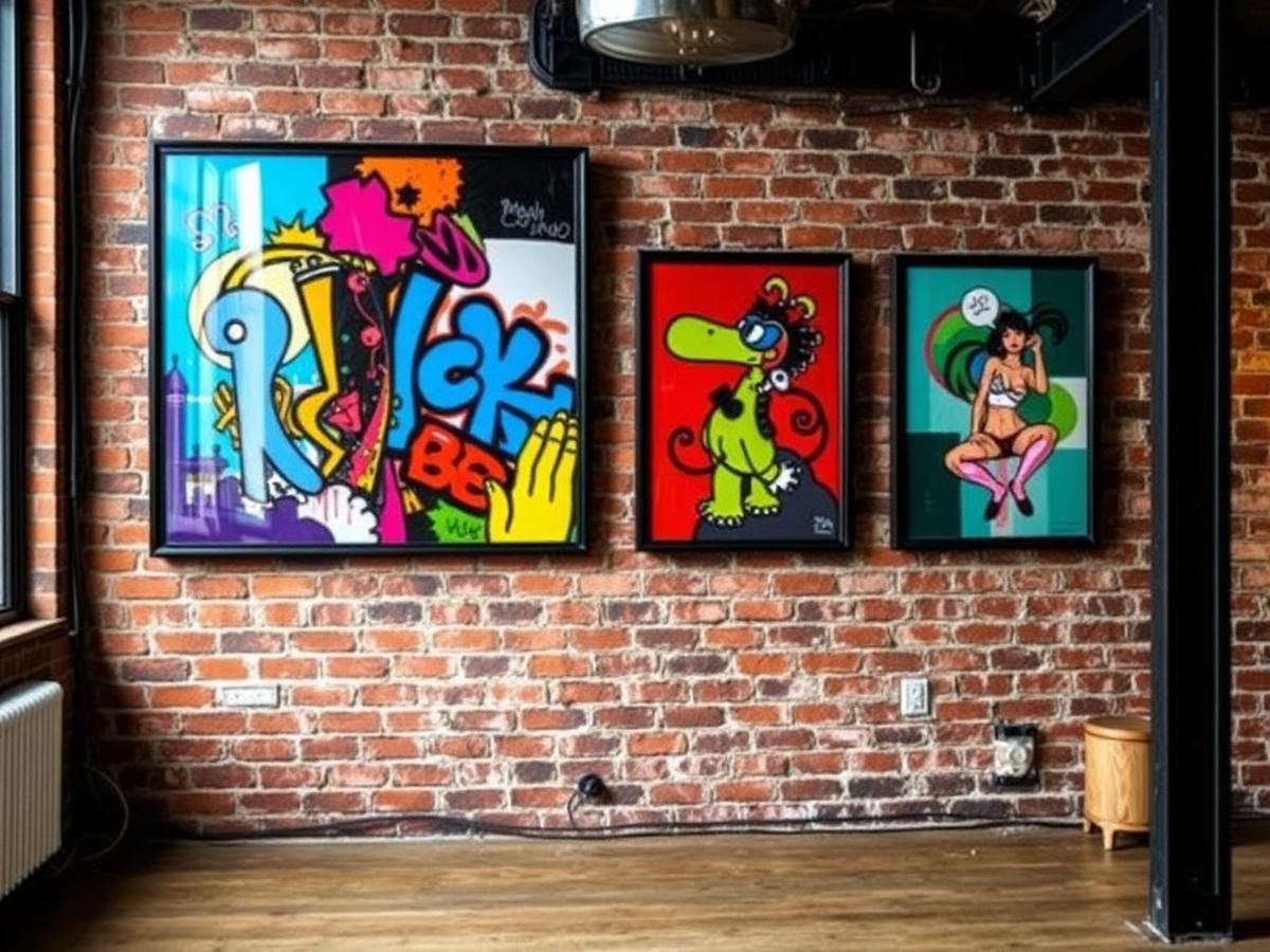 Tableau street art coloré dans un intérieur contemporain aux murs bruts