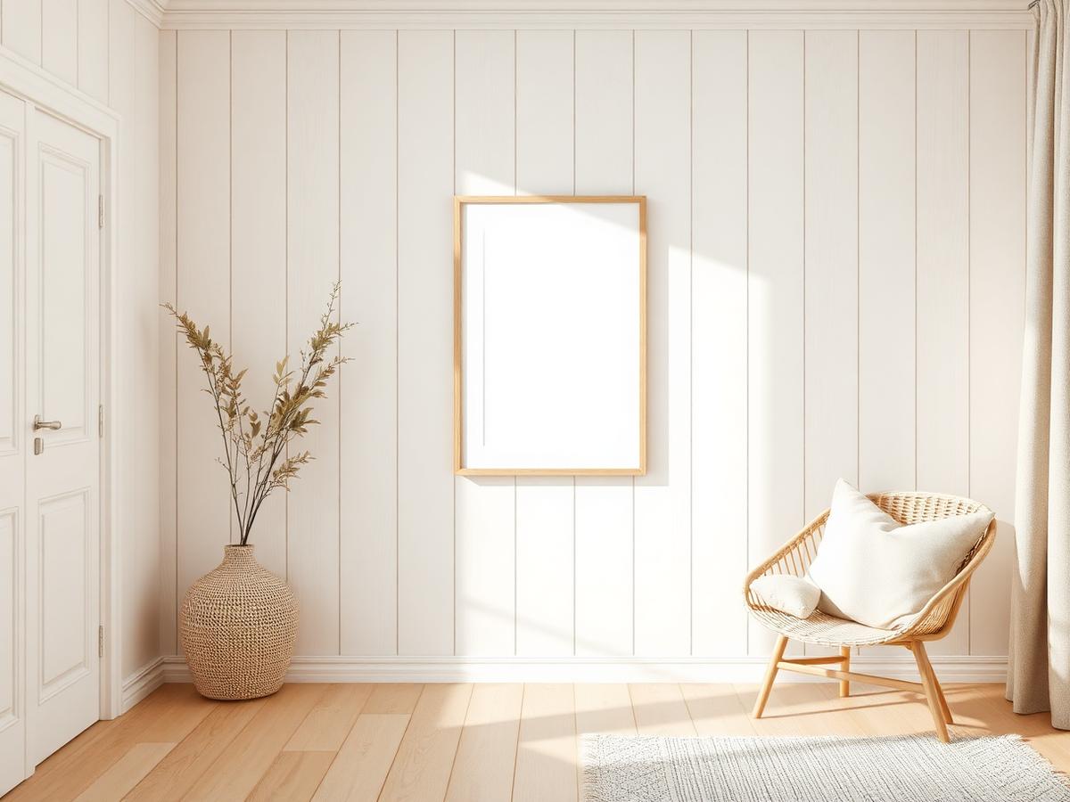 Intérieur scandinave lumineux avec un tableau minimaliste et du bois clair
