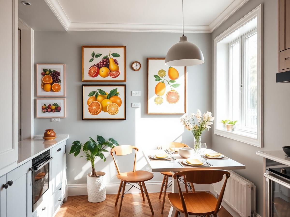 Tableau gourmand accroché dans une cuisine lumineuse